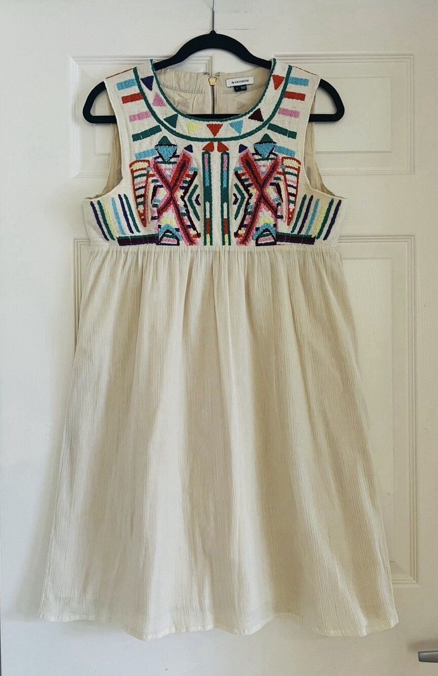 by Gryphon Cream Embroidered Babydoll Mini Dress Womens Size L Boho Festival